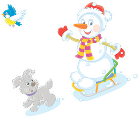 Happy little snowman and a merry small puppy cheerfully sledding down a snow hill on a playground, vector cartoon illustration isolated on a white background