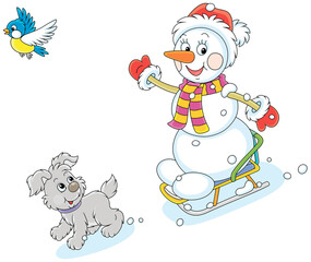 Happy little snowman and a merry small puppy cheerfully sledding down a snow hill on a playground, vector cartoon illustration isolated on a white background