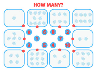A game for children. Count from 1 to 10. How many snowflakes. Vector illustration.