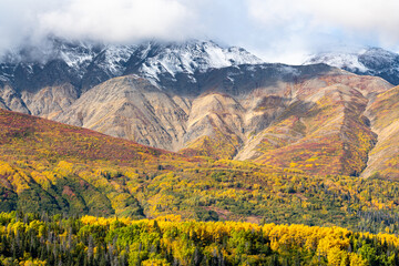 Landscape views from north America on part of the Alaska Highway with the huge mountains of Kluane National Park, Haines Junction. 