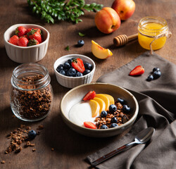 Concept of a healthy and nutritious breakfast. Delicious natural yogurt with homemade granola, peach, strawberry, honey  and blueberry in a bowl on a dark wooden background. Diet food