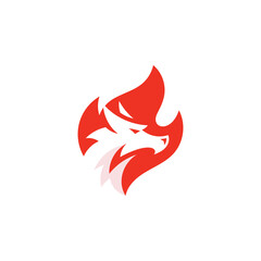 Negative space dragon head silhouette and fire flame vector logo icon