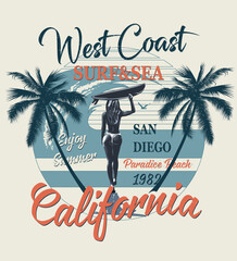 California typography for t-shirt print with surf,beach and  girl carrying  surfboard.Vintage poster.