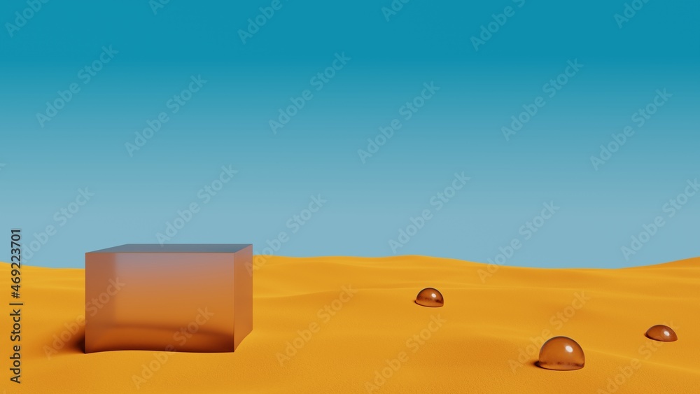 Poster 3d glass geometric podium on sand dune.abstract surreal desert landscape scene background.3d renderi