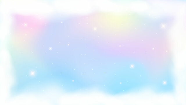 Holographic fantasy rainbow unicorn background with clouds. Pastel color sky. Magical landscape, abstract fabulous pattern and frame. Vector.