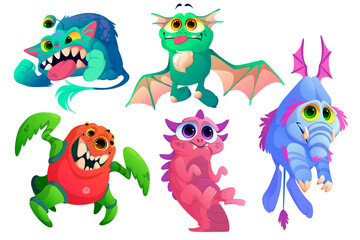 Cute monsters, funny alien animals with teeth, wings, horns and fur. Vector cartoon set of little scary creatures, small ugly beasts smile, laughing and angry isolated on white background