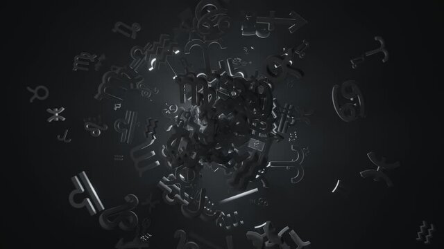 Flying zodiac signs in random motion on dark environment with volumetric back lighting.
