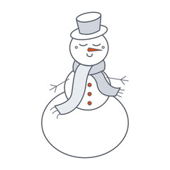 Cute white snowman with carrot nose in hat and warm scarf. Cartoon vector illustration