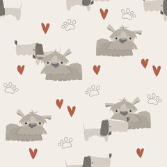 Childish seamless pattern with hand drawn dogs and hearts. Vector illustration.