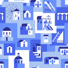 Seamless pattern with blue-white houses, mill, church, arch, steps. Vector illustration in flat style for touristic industry.