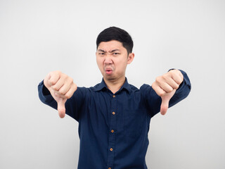 Man gesture double point thumb down white background