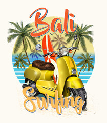 Bali typography for t-shirt print with sun,beach and retro scooter.Vintage poster.