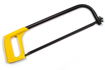 Hacksaw on metal on a white background.