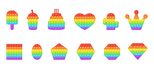 Set of birthday and geometric forms pop it a trendy rainbow fidget toys. Addictive anti stress toy in bright colors. Bubble sensory fashionable popit for kids. Vector illustration isolated on a white.