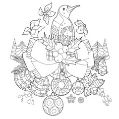 Cute Christmas penguin. Winter holiday decoration. Black and white elements. Traditional festive decor for season design. Hand drawn illustration for children and adults, coloring books and tattoo.