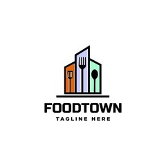 food town fork and spoon with building logo icon vector template