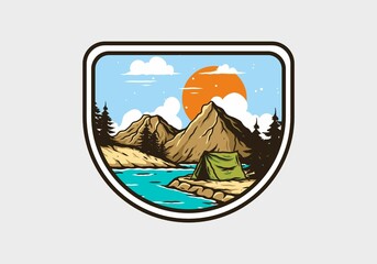 Mountain lake camping illustration drawing