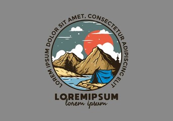 Mountain lake camping illustration drawing