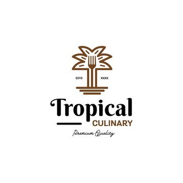 line art tropical tree with fork food logo icon vector template