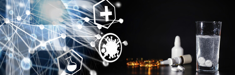 Composition from Bottles of cough syrup.Healthcare, medicine, flu and treatment concept - paper wipes and thermometer with pills.