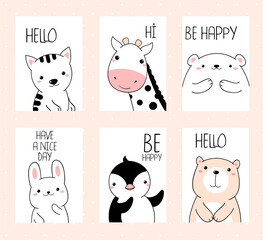 Set of vector banners with affirmations for kids playroom. Inspirational card with cute animals - polar bear, giraffe, penguin, cat, bunny. Motivational quote for greeting card, poster, nursery. EPS8