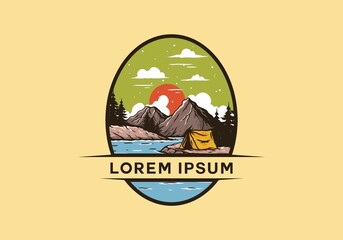 Mountain lake camping illustration drawing