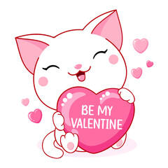 Cute Valentine card in kawaii style. Little white cat with big pink heart