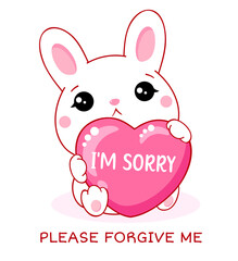 Obraz na płótnie Canvas Apologize card. Sad little bunny with pink heart. Inscription I'm sorry, please forgive me. Cute baby cat apologize. Vector illustration EPS8 