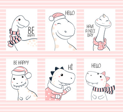 Set of vector banners with affirmations for kids playroom. Inspirational card with cute dinosaurs in cap and scarf. Motivational quote for greeting card, invitation, poster, nursery with dinos. EPS8