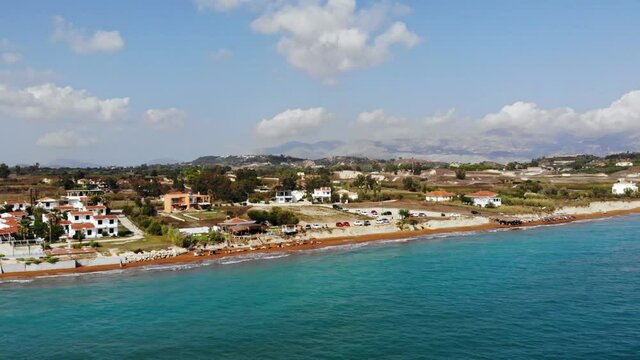 Megas Lakkos Beach, red sand shore near Lixouri and Xi beach in Kefalonia, Ionian Islands, Greece - aerial drone shot