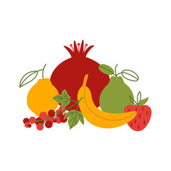 Fruits and berries composition on a white background. Vector flat illustration with pomegranate, banana, lemon, strawberry, currant, pear