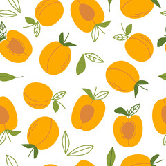 Seamless pattern with apricots. Simple vector flat illustration with yellow fruits on a white background. Organic plant food