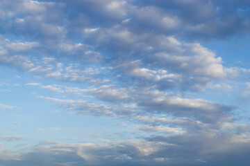 Beautiful view of sky with clouds at sunrise. Partly cloudy. Colorful sunset. Natural sky background texture, beautiful color.