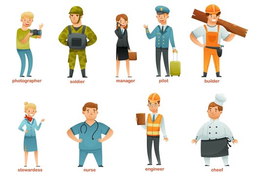 People of various professions set. Soldier, stewardess, businesswoman, captain, photographer, pilot, carpenter, engineer, chef characters cartoon vector illustration