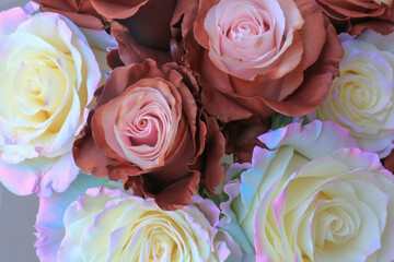 Fototapeta na wymiar Close Up view of white and brown rose mix bouquet