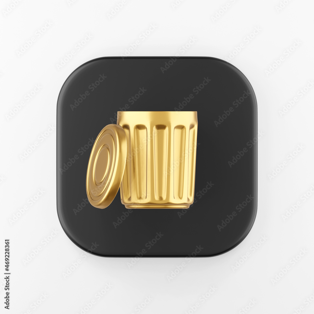 Poster gold trash can icon with lid. 3d rendering black square key button, interface ui ux element.