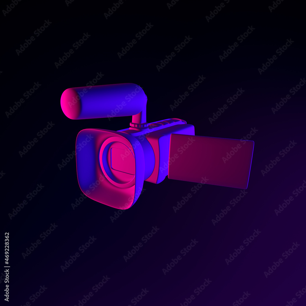 Poster neon digital video camera icon. 3d rendering ui ux interface element. dark glowing symbol.
