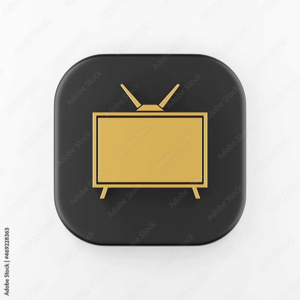 Poster golden retro tv icon in flat style. 3d rendering black square key button, interface ui ux element.