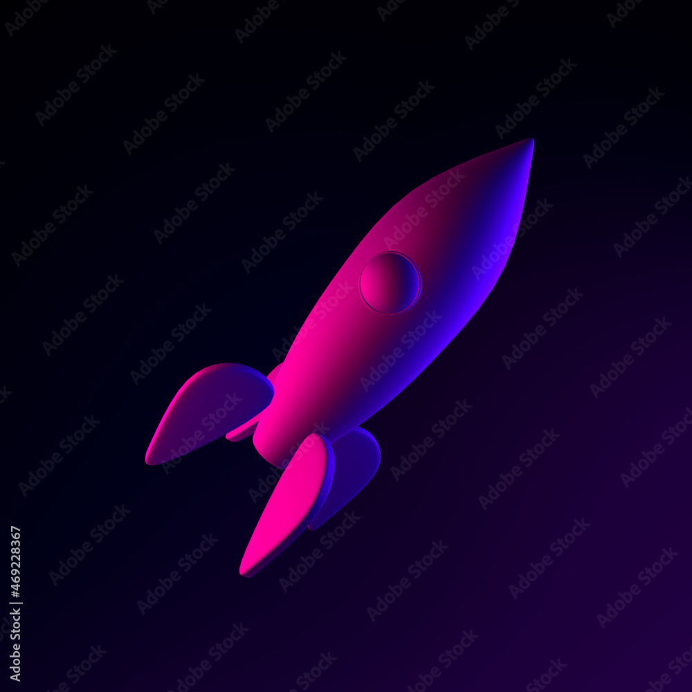 Poster neon rocket icon. 3d rendering ui ux interface element. dark glowing symbol.