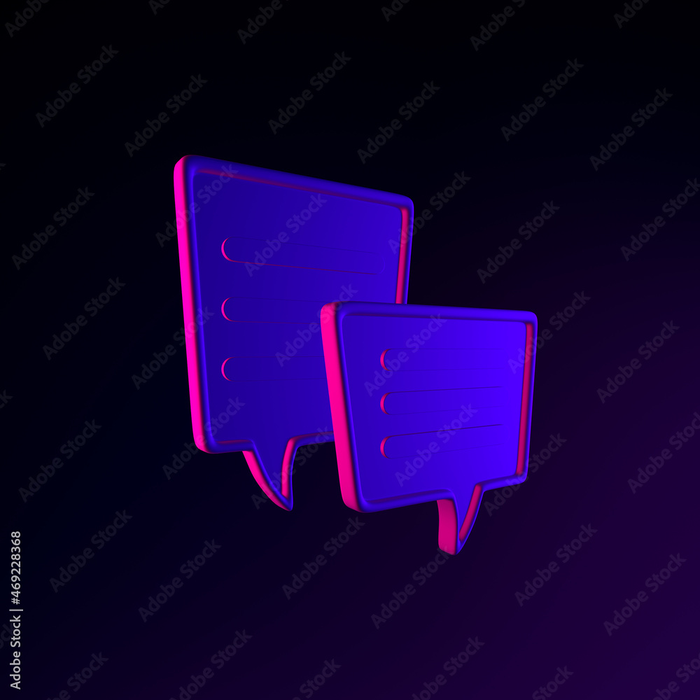 Poster neon square speech balloons icon. 3d rendering ui ux interface element. dark glowing symbol.