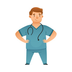 Fototapeta premium Cheerful man doctor in unifrom with stethoscope. Medical staff cartoon vector illustration