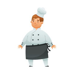 Male chef character in white uniform and black apron cartoon vector illustration