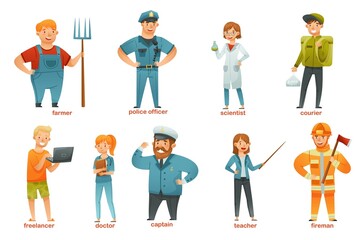 People of various professions set. Doctor, teacher, scientist, courier, freelancer, captain, firefighter, farmer characters cartoon vector illustration