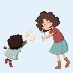 Mother and daughter making soap bubbles. Single parenting. Happy family time. Togetherness. Different ethnicity and skin and hair types. Colourful illustration.
