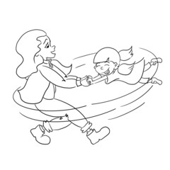 Mother whirling her daughter. Laughing girl. Single parenting. Happy family time. Togetherness. Different ethnicity and skin and hair types. Line art illustration.