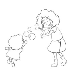 Mother and daughter making soap bubbles. Single parenting. Happy family time. Togetherness. Different ethnicity and skin and hair types. Line art illustration.