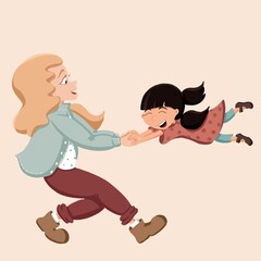 Mother whirling her daughter. Laughing girl. Single parenting. Happy family time. Togetherness. Different ethnicity and skin and hair types. Colourful illustration.