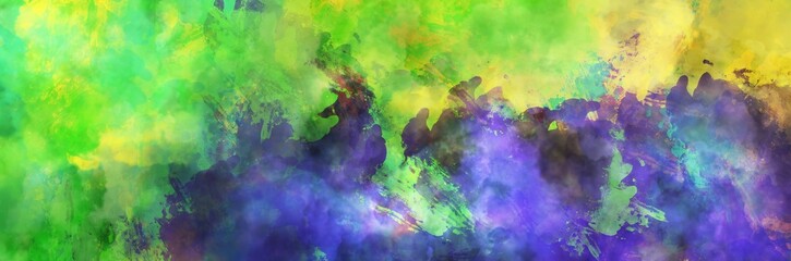 Fototapeta na wymiar Abstract background painting art with green, yellow and purple paint brush for presentation, website, thanksgiving party poster, wall decoration, or t-shirt design.