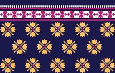 Tulip Fabric Pattern,ethnic pattern ikat floral geometric, native background, wallpaper, seamless pattern. Vector illustration. Retro interior home decor in navy blue and gold.
