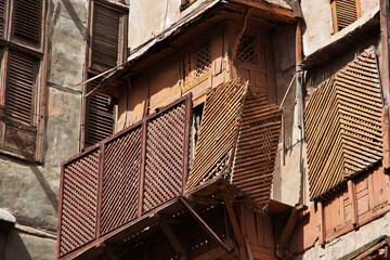 Fototapeta na wymiar The vintage balcony in Al-balad district, Jeddah, Saudi Arabia